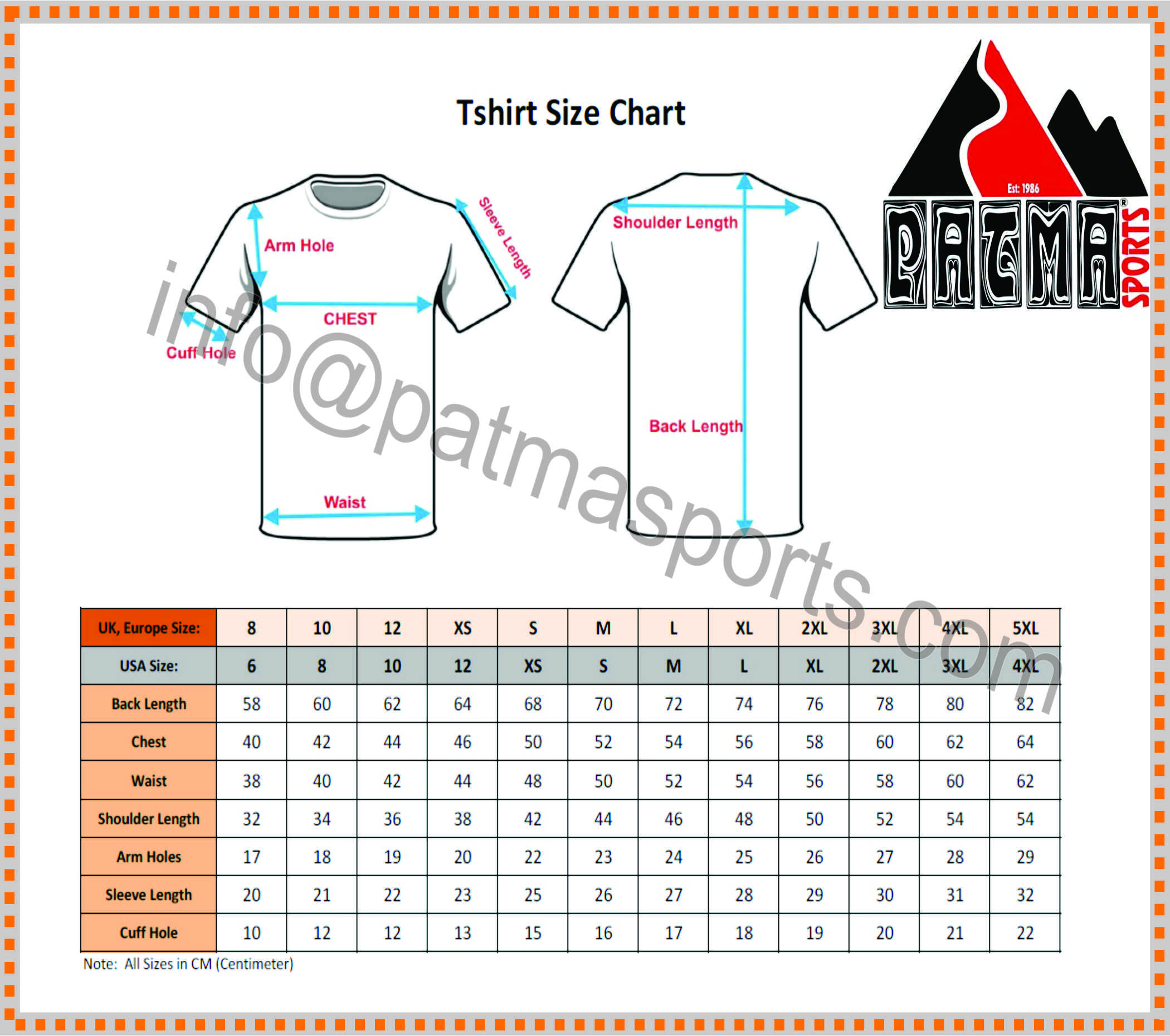 Tshirt Patma Sports Size Chart measurement Chart